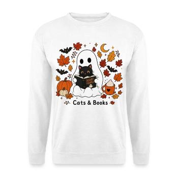 Cats Books Halloween Geist Katze Buchliebhaber Cat - Unisex Pullover - Weiß - Vorne - Alina (178cm) & Michal (187cm)