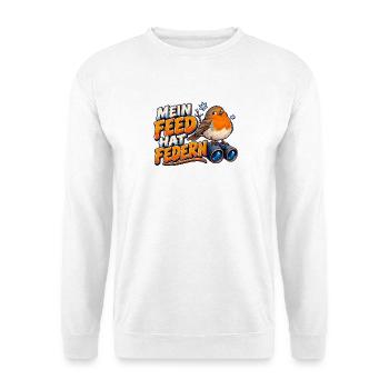 Mein Feed hat Federn – Rotkehlchen im Winter - Unisex Pullover - Weiß - Vorne - Alina (178cm) & Michal (187cm)