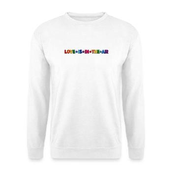 LOVE IS IN THE AIR – Bunter Regenbogen Schriftzug  - Unisex Pullover - Weiß - Vorne - Alina (178cm) & Michal (187cm)