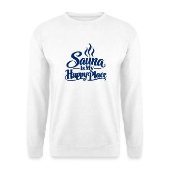 Die Sauna ist mein Glücksort – Sauna und Finnisches - Unisex Pullover - Weiß - Vorne - Alina (178cm) & Michal (187cm)