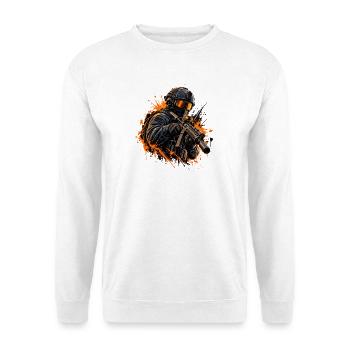 Taktischer Soldat mit Farb Spritzern - Gamer Motiv - Unisex Pullover - Weiß - Vorne - Alina (178cm) & Michal (187cm)