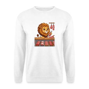 Löwe in der Fleischerei Metzger Chibi Design - Unisex Pullover - Weiß - Vorne - Alina (178cm) & Michal (187cm)