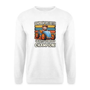 Retro-Seifenkisten-Speedster-Racer-Schwerkraftmeister - Unisex Pullover - Weiß - Vorne - Alina (178cm) & Michal (187cm)