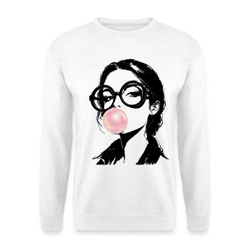 Portrait einer Frau Streetart mit rosa Kaugummi  - Unisex Pullover - Weiß - Vorne - Alina (178cm) & Michal (187cm)