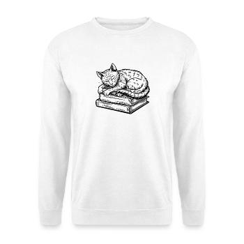 Katze schläft auf Bücherleser - Unisex Pullover - Weiß - Vorne - Alina (178cm) & Michal (187cm)