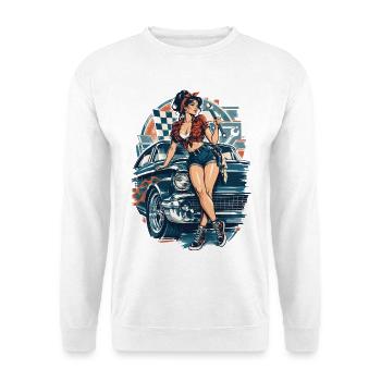 Hot Rod Pin-up Girl: 50s Muscle Car Mechanikerin - Unisex Pullover - Weiß - Vorne - Alina (178cm) & Michal (187cm)