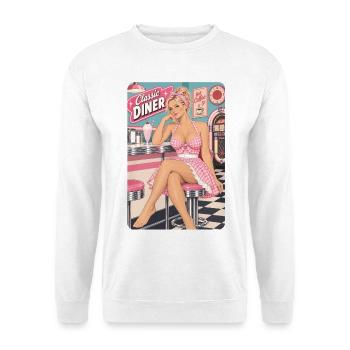 Rockabilly Pinup Girl blond im 50er Jahre Diner - Unisex Pullover - Weiß - Vorne - Alina (178cm) & Michal (187cm)