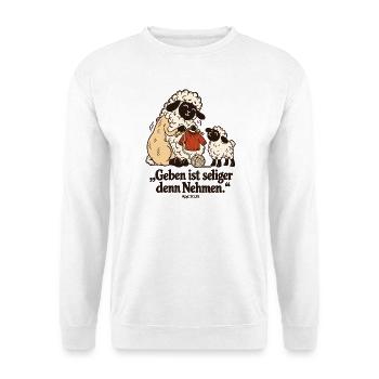 Strickerin Schaf Geben ist seliger denn Nehmen - Unisex Pullover - Weiß - Vorne - Alina (178cm) & Michal (187cm)
