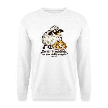 Der Herr ist mein Hirte Schaf Weihnachten Psalm 23 - Unisex Pullover - Weiß - Vorne - Alina (178cm) & Michal (187cm)