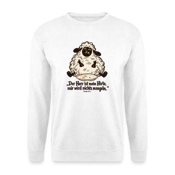 Der Herr ist mein Hirte lustiges Schaf Psalm 23 - Unisex Pullover - Weiß - Vorne - Alina (178cm) & Michal (187cm)