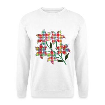 Rote Blumen mit Madras-Mustern, mehrfarbigen Blütenblättern - Unisex Pullover - Weiß - Vorne - Alina (178cm) & Michal (187cm)