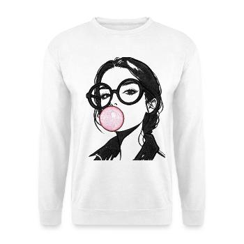 Frau mit Kaugummi Stickerei rosa und schwarz  - Unisex Pullover - Weiß - Vorne - Alina (178cm) & Michal (187cm)