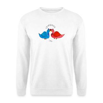 LoveBirds – verliebte Vögel mit Herz - Unisex Pullover - Weiß - Vorne - Alina (178cm) & Michal (187cm)