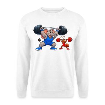 Elefant gegen Ameise – Lustiges Gewichtheben - Unisex Pullover - Weiß - Vorne - Alina (178cm) & Michal (187cm)