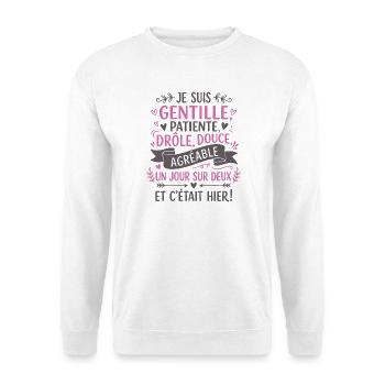 Ich bin freundlich, geduldig und witzig, humorvolle Frau - Unisex Pullover - Weiß - Vorne - Alina (178cm) & Michal (187cm)