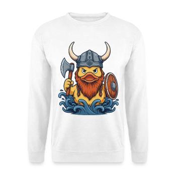 Viking-Ente mit Axt und Wellen - Unisex Pullover - Weiß - Vorne - Alina (178cm) & Michal (187cm)