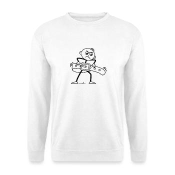 Strichel zieht Gürtel enger: Minimalistischer Witz - Unisex Pullover - Weiß - Vorne - Alina (178cm) & Michal (187cm)