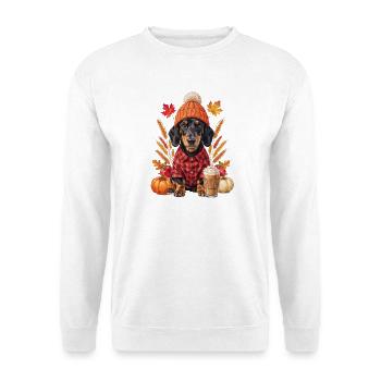 Dackelwelpe mit Mütze, Kürbissen und Latte - Unisex Pullover - Weiß - Vorne - Alina (178cm) & Michal (187cm)
