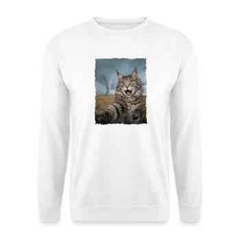 Katzen-Selfie vor dem Tornado - Unisex Pullover - Weiß - Vorne - Alina (178cm) & Michal (187cm)