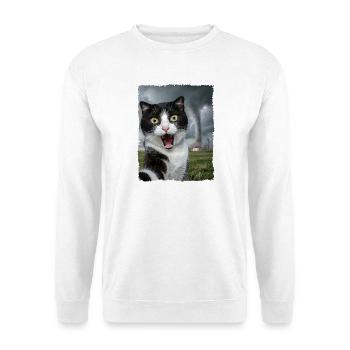 Schwarz-weiße Katze Selfie mit Tornado - Unisex Pullover - Weiß - Vorne - Alina (178cm) & Michal (187cm)