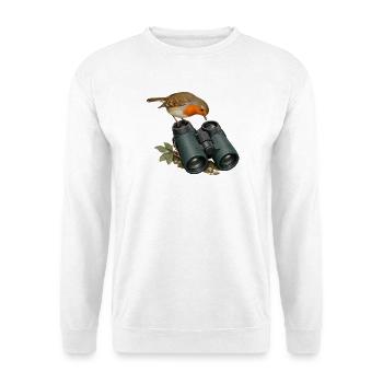 Perspektivwechsel – Rotkehlchen am Fernglas - Unisex Pullover - Weiß - Vorne - Alina (178cm) & Michal (187cm)