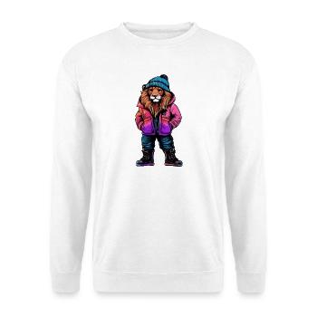 Löwe mit pinker Winterjacke und blauer Mütze - Unisex Pullover - Weiß - Vorne - Alina (178cm) & Michal (187cm)