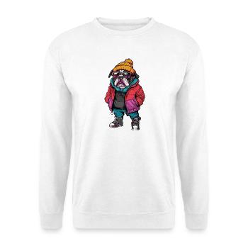 Bulldogge mit Winterjacke und Sonnenbrille - Unisex Pullover - Weiß - Vorne - Alina (178cm) & Michal (187cm)