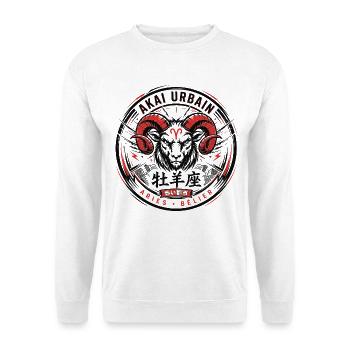 Böder Urban: Rotes Widder-Emblem - Unisex Pullover - Weiß - Vorne - Alina (178cm) & Michal (187cm)