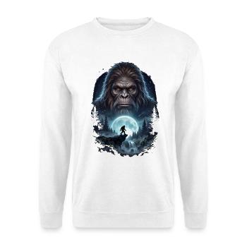Bigfoot vor dem Mond Mondlicht mystischer Affe - Unisex Pullover - Weiß - Vorne - Alina (178cm) & Michal (187cm)