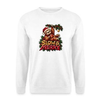 Slow and Merry Faultier Weihnachten Low Poly Shirt - Unisex Pullover - Weiß - Vorne - Alina (178cm) & Michal (187cm)