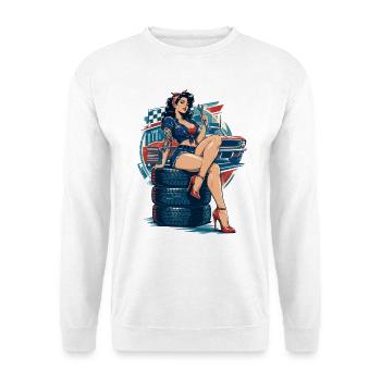 Hot Rod Pin-up Girl auf Reifenstapel - Unisex Pullover - Weiß - Vorne - Alina (178cm) & Michal (187cm)