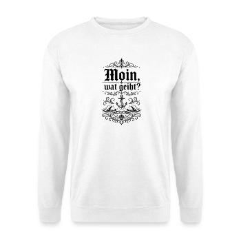 Moin, wat geiht? – Plattdeutsch Shirt - Unisex Pullover - Weiß - Vorne - Alina (178cm) & Michal (187cm)