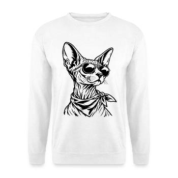 Sphynx Katze – Cooler Biker mit Sonnenbrille - Unisex Pullover - Weiß - Vorne - Alina (178cm) & Michal (187cm)