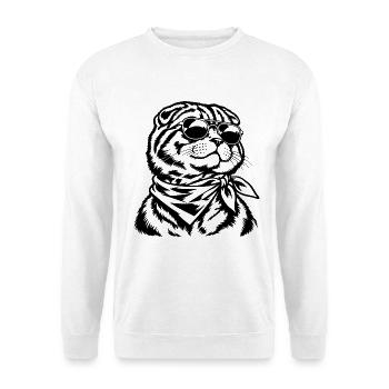 Scottish Fold Katze – Sonnenbrille und Bandana - Unisex Pullover - Weiß - Vorne - Alina (178cm) & Michal (187cm)