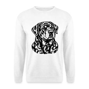 Rottweiler – Schwarz Weiß Hundeporträt Gravur - Unisex Pullover - Weiß - Vorne - Alina (178cm) & Michal (187cm)