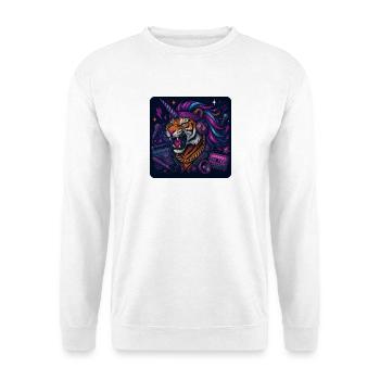 Tiger mit Einhorn und Kopfhörern im Retrolook - Unisex Pullover - Weiß - Vorne - Alina (178cm) & Michal (187cm)