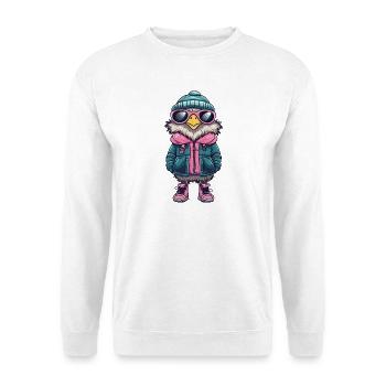 Eule mit Winterjacke und Sonnenbrille - Unisex Pullover - Weiß - Vorne - Alina (178cm) & Michal (187cm)