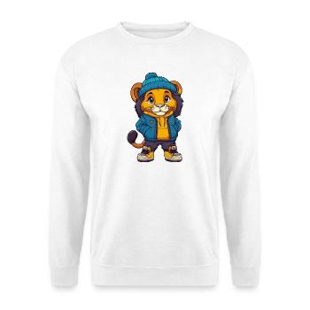 Löwe mit blauer Winterjacke und Mütze - Unisex Pullover - Weiß - Vorne - Alina (178cm) & Michal (187cm)