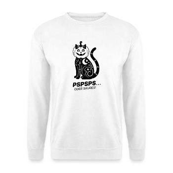 Pspsps oder Saures – Schwarze Katze Halloween - Unisex Pullover - Weiß - Vorne - Alina (178cm) & Michal (187cm)