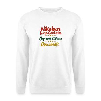 Nikolaus Oma Opa Shirt lustiger Spruch - Unisex Pullover - Weiß - Vorne - Alina (178cm) & Michal (187cm)