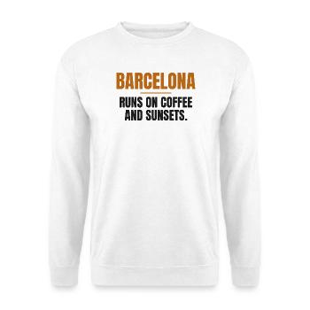 Barcelona lebt von Kaffee und Sonnenuntergängen - Unisex Pullover - Weiß - Vorne - Alina (178cm) & Michal (187cm)
