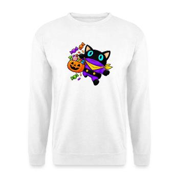 Halloween-Katze mit JackoLantern-Korb - Unisex Pullover - Weiß - Vorne - Alina (178cm) & Michal (187cm)