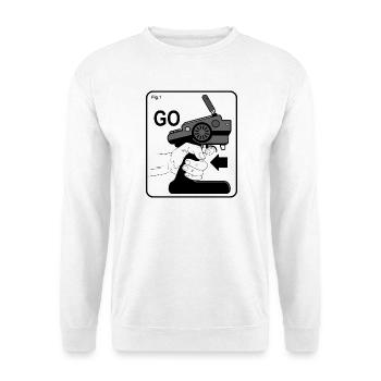 Schritt 1: LOS! – Humor für das Fahren von RC-Autos - Unisex Pullover - Weiß - Vorne - Alina (178cm) & Michal (187cm)