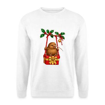Kiwi auf weihnachtlicher Päckchenschaukel - Unisex Pullover - Weiß - Vorne - Alina (178cm) & Michal (187cm)