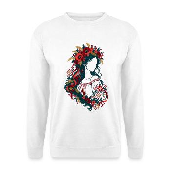 Ukrainische Blütenranke - Unisex Pullover - Weiß - Vorne - Alina (178cm) & Michal (187cm)