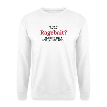 Ragebait? Macht Oma schon ewig - Unisex Pullover - Weiß - Vorne - Alina (178cm) & Michal (187cm)