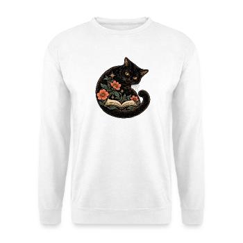 Schwarze Katze und Blütenbuch - Unisex Pullover - Weiß - Vorne - Alina (178cm) & Michal (187cm)