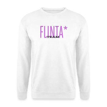 TEAM FLINTA LILA SCHRIFT FEMINISMUS QUEER  - Unisex Pullover - Weiß - Vorne - Alina (178cm) & Michal (187cm)
