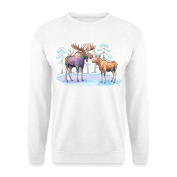 Elch im Winterwald – wilde Natur - Unisex Pullover - Weiß - Vorne - Alina (178cm) & Michal (187cm)