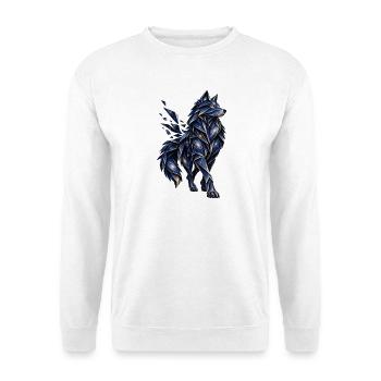 Blau-goldener Origami-Wolf mit sternenbedeckten Galaxien - Unisex Pullover - Weiß - Vorne - Alina (178cm) & Michal (187cm)
